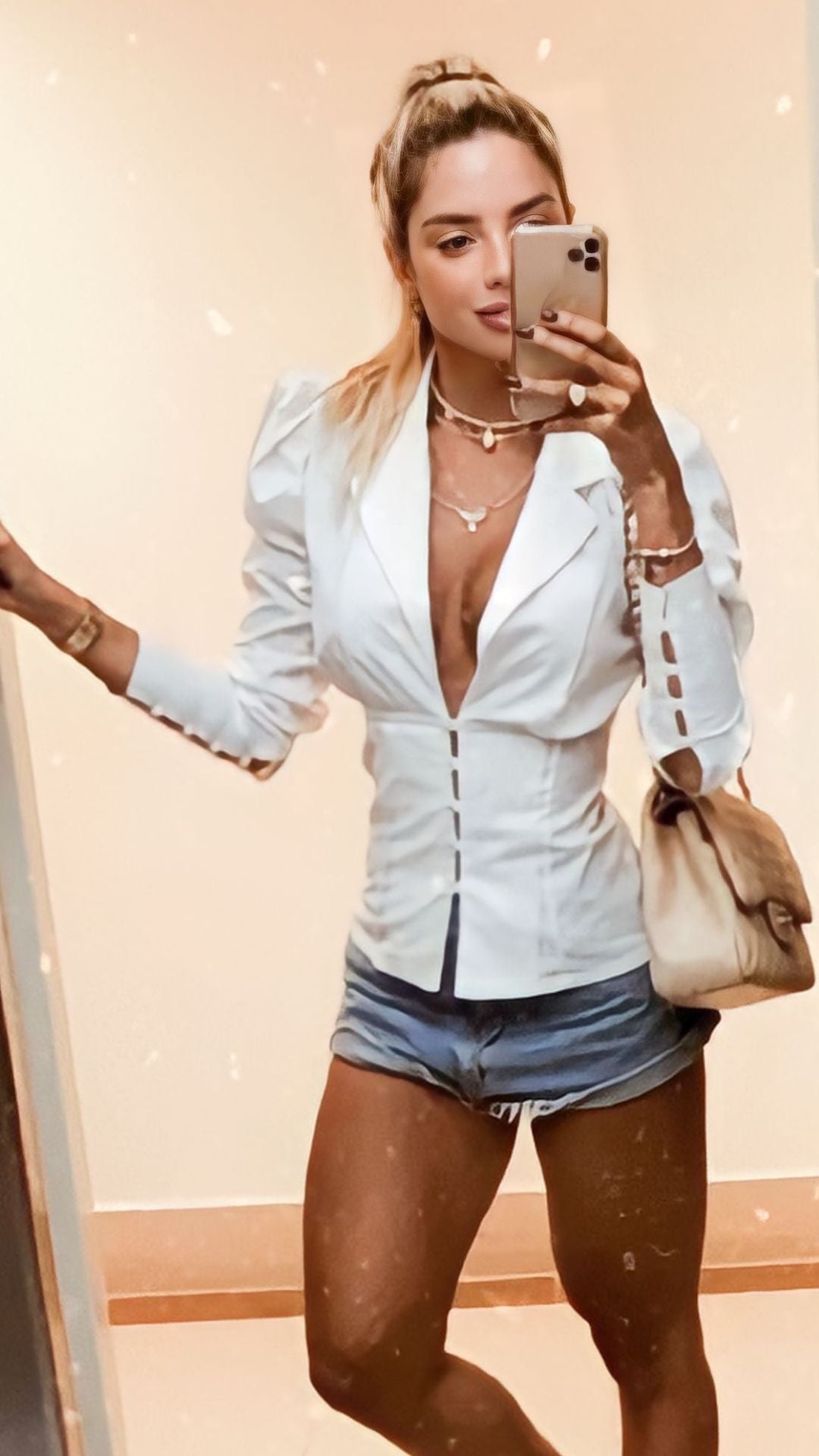 CAMISA FEMININA CORSELET TRICOLINE MANGA PRINCESA BOTÃO MADREPÉROLA