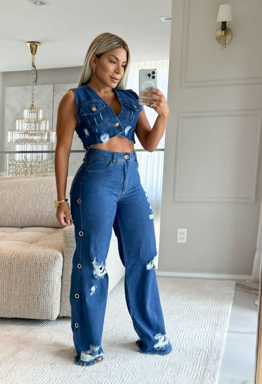 CALÇA JEANS WIDE LEG LEVANTA BUMBUM